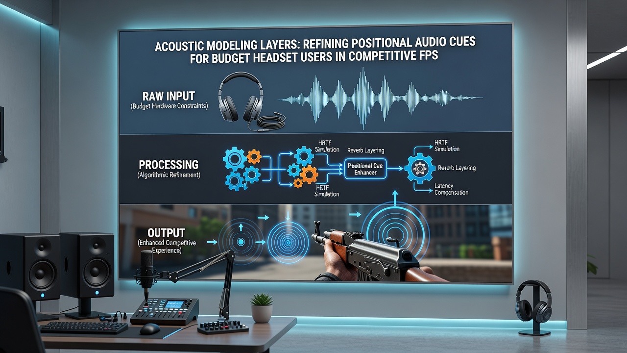 Competitive FPS player wearing budget headset with overlaid acoustic modeling visualization