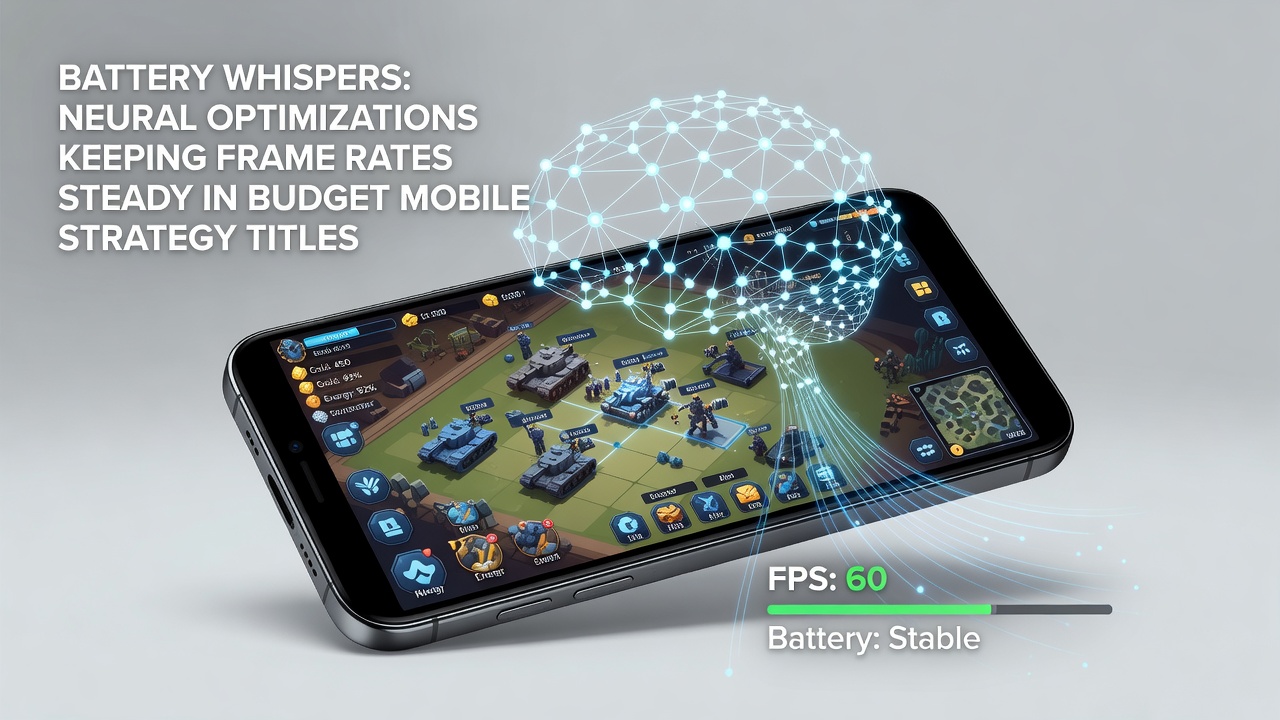 Close-up of smartphone screen displaying strategy game interface alongside battery and performance metrics influenced by neural algorithms