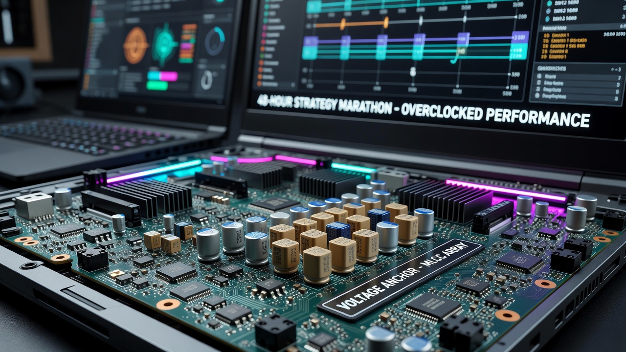 Laptop motherboard layout showing placement of ceramic capacitors near voltage regulators during extended gaming tests