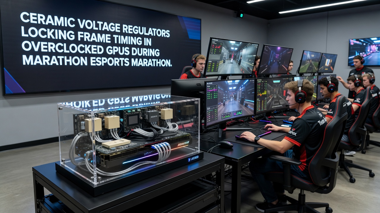 Esports arena setup with multiple overclocked GPU rigs running during a long-duration competition
