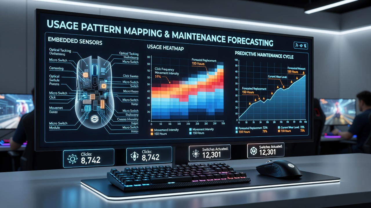 Analytics dashboard displaying usage pattern graphs and predicted maintenance windows for esports hardware