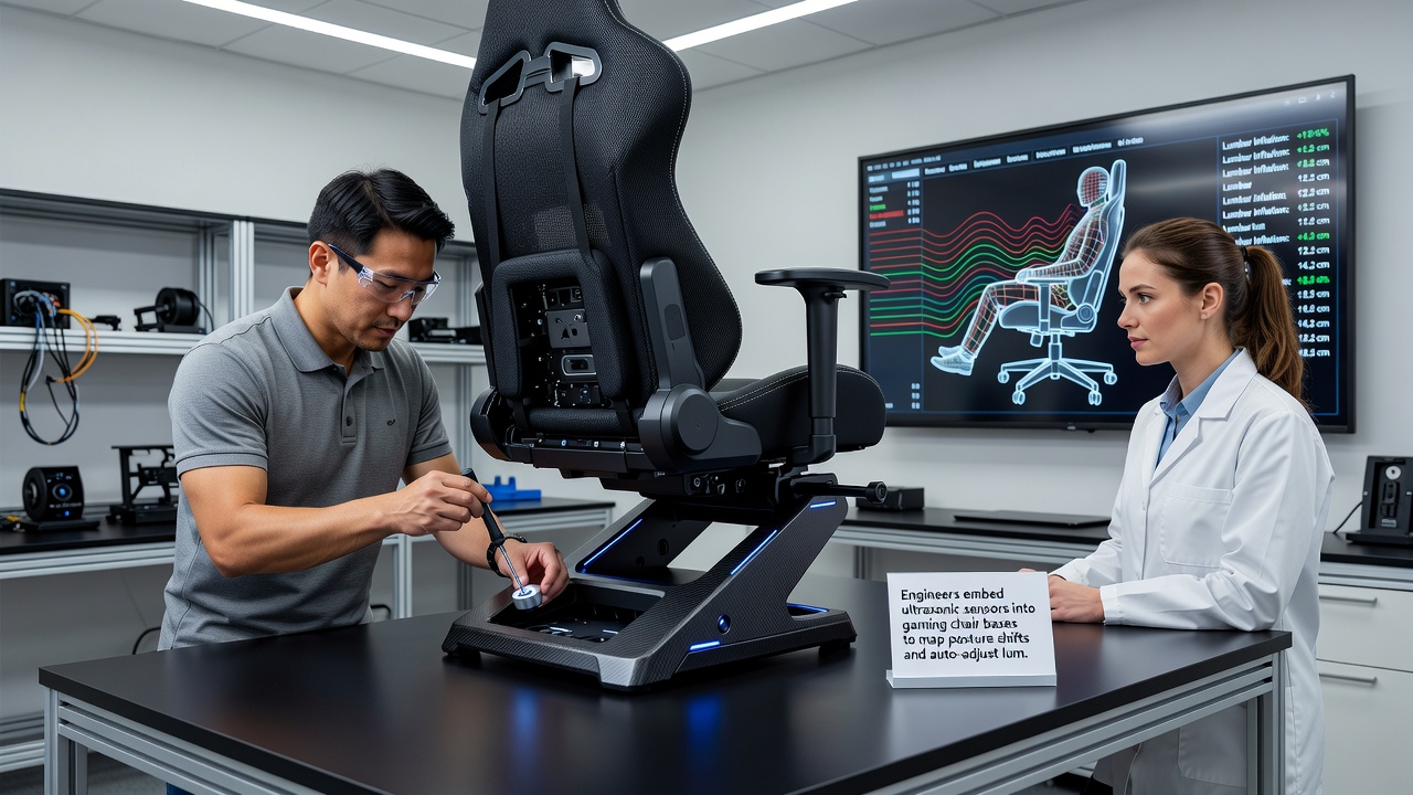 Gaming chair with integrated ultrasonic sensors showing real-time lumbar adjustment during a tournament match