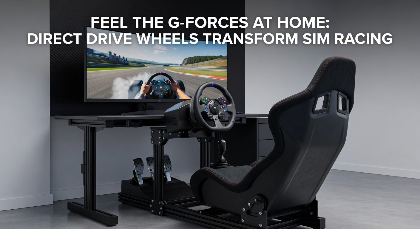Sim racer gripping a direct drive wheel during a nighttime virtual race, with motion rig and triple monitors blurring in the background to capture intense immersion