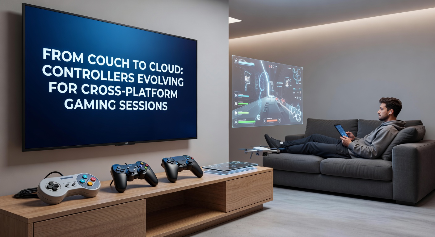 A gamer using a versatile controller connected to a smartphone for cloud gaming, with game overlays from multiple platforms visible on screen