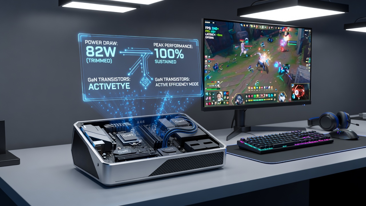Portable esports laptop running a competitive match with visible power and thermal monitoring overlays
