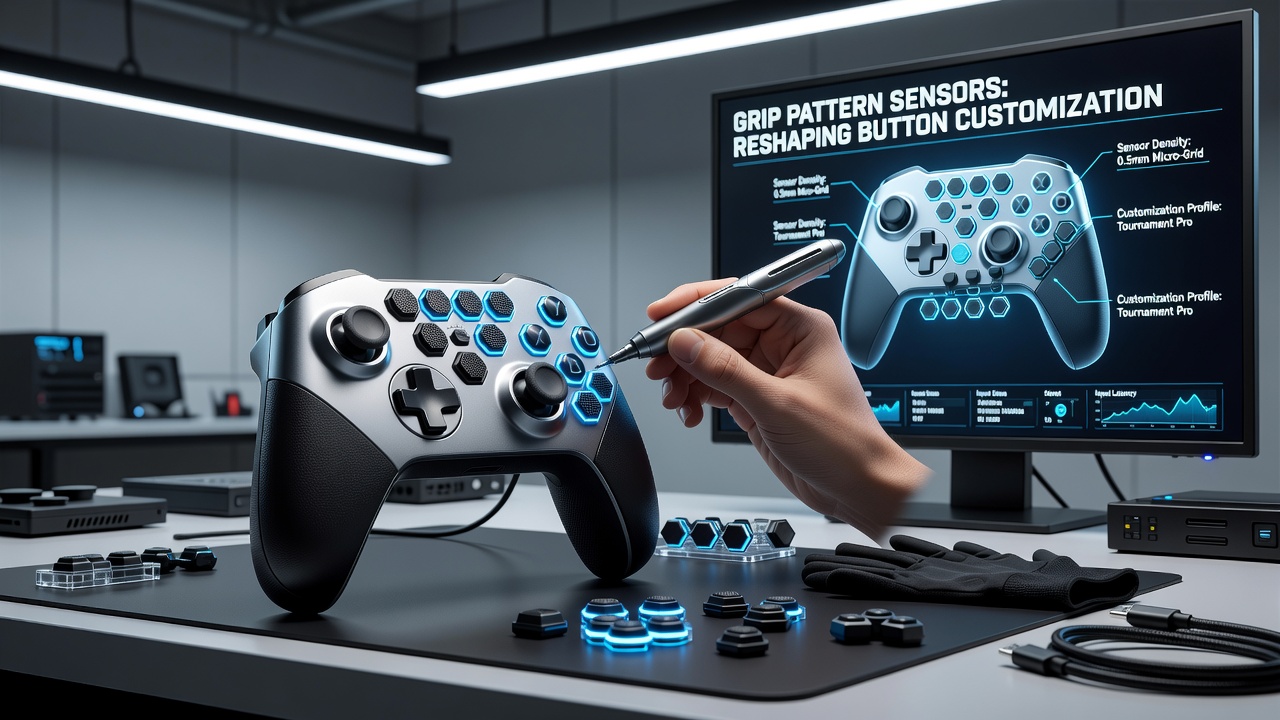 Side view of wireless fighting game controller showing sensor placement along grip contours during competitive use