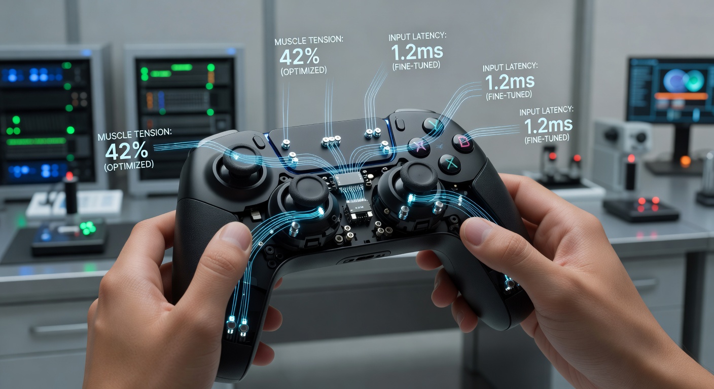 Diagram illustrating data flow from controller micro-sensors to latency calibration modules on console and PC systems
