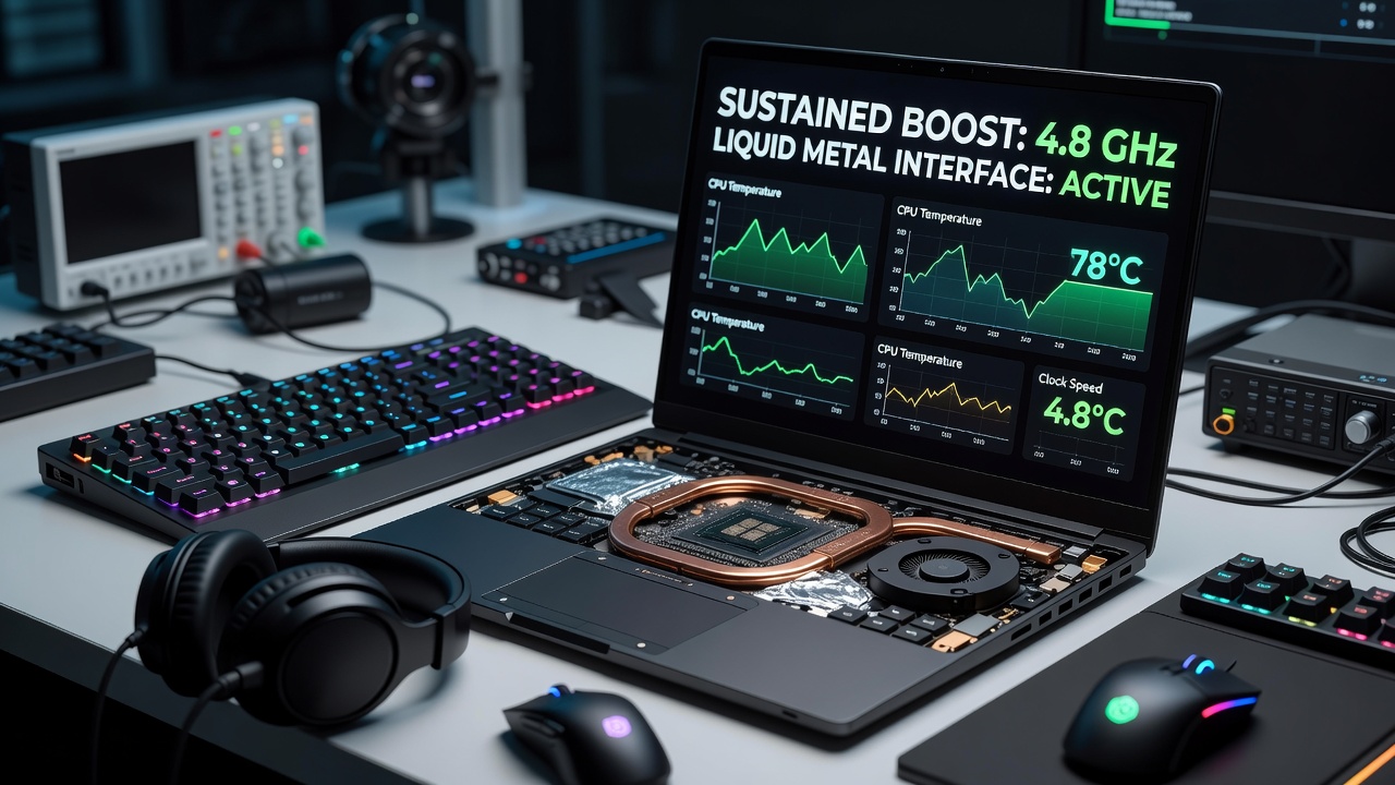 Thermal imaging comparison showing temperature distribution in gaming notebooks with and without liquid metal interfaces during extended load