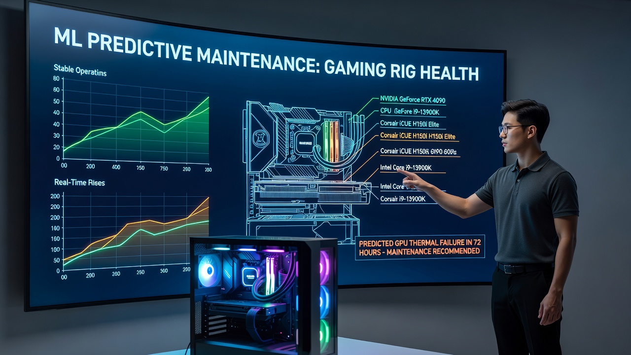 Technician reviewing machine learning predictions on a laptop connected to a high-performance gaming rig at an esports venue