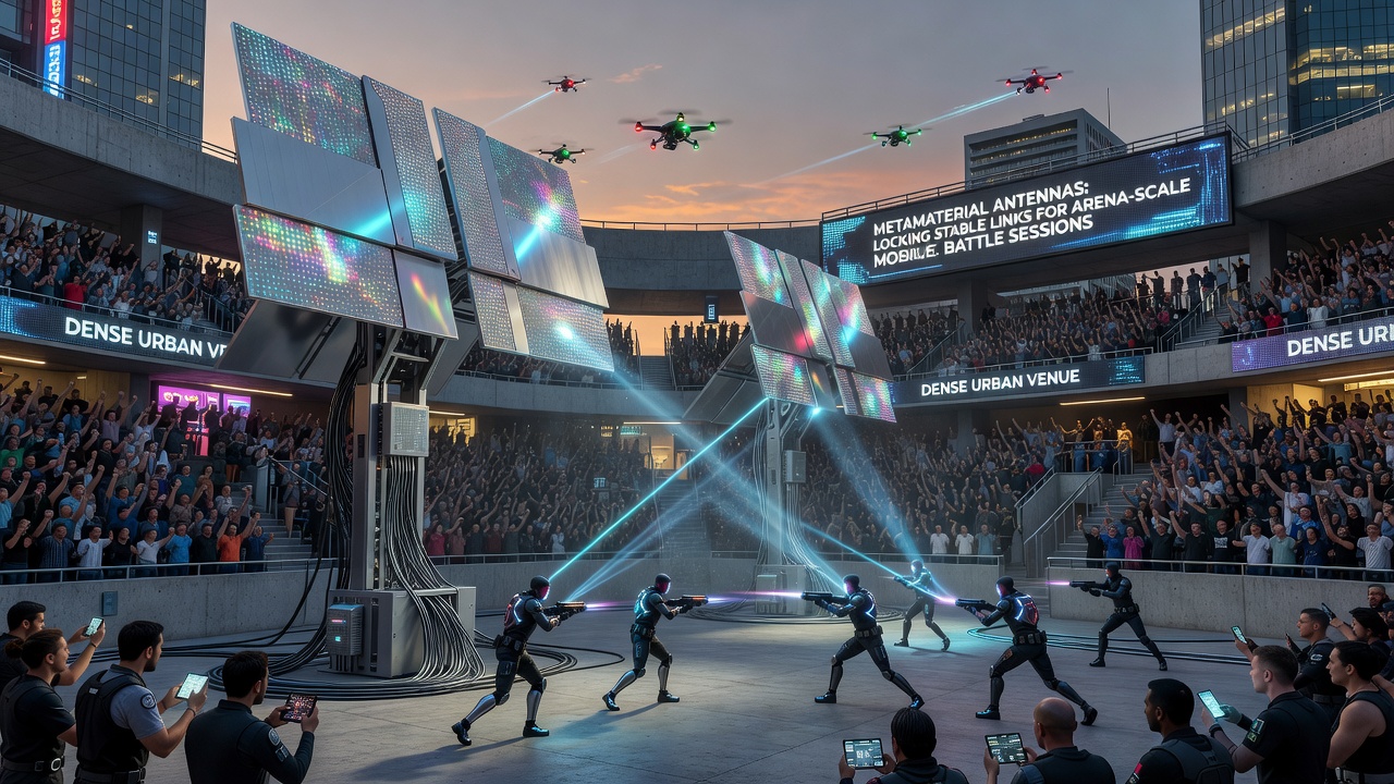 Technicians calibrating metamaterial panels above spectator seating in a multi-level urban esports arena