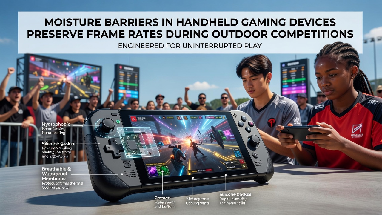 Diagram illustrating moisture barrier placement alongside cooling components in a handheld gaming console