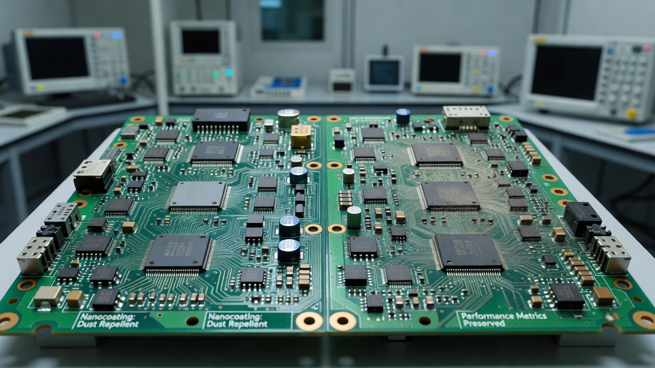 Comparison diagram illustrating dust accumulation differences between coated and uncoated circuit boards in gaming hardware