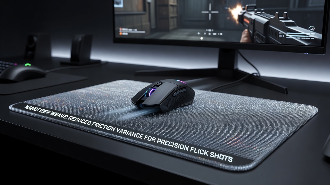 Side-by-side comparison of standard and nanofiber gaming mouse pad surfaces under magnification