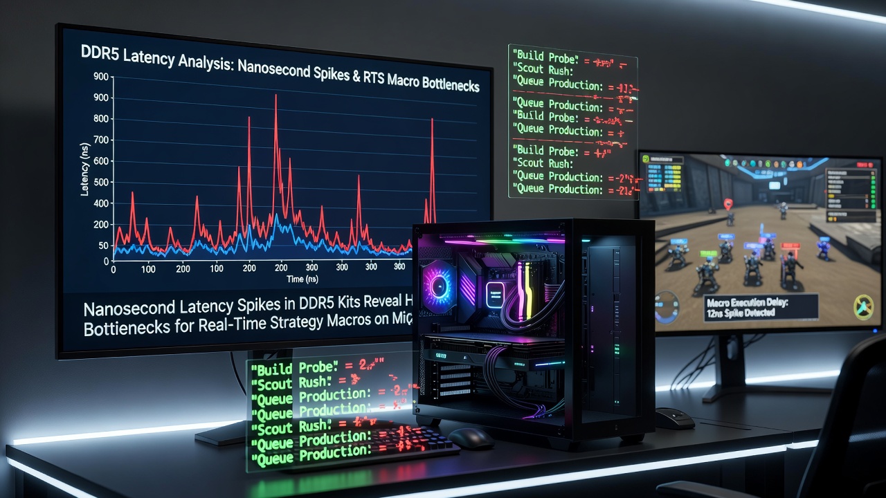 Oscilloscope trace capturing nanosecond latency spikes in DDR5 memory during intensive RTS macro playback on a mid-range desktop