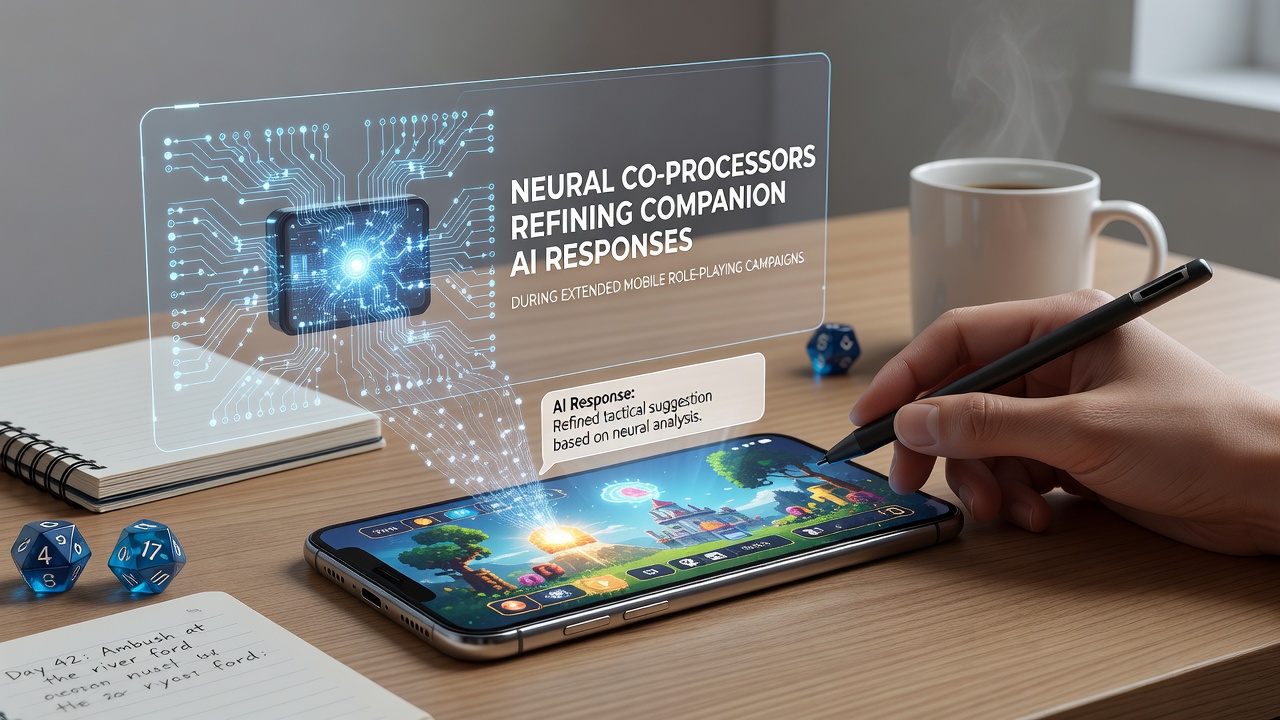 Close-up of neural co-processor chip alongside mobile gaming hardware components