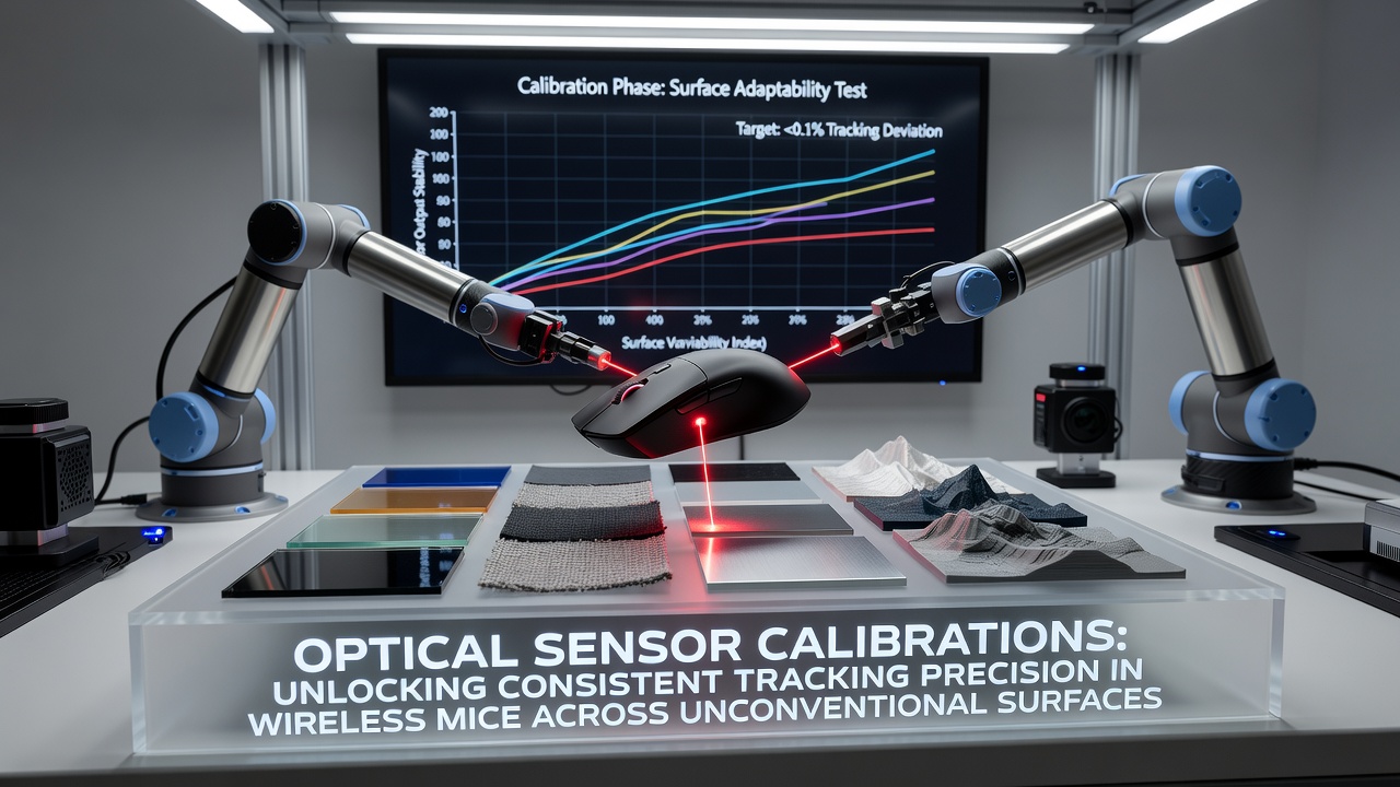 Close-up of optical sensor calibration process on varied esports surface materials