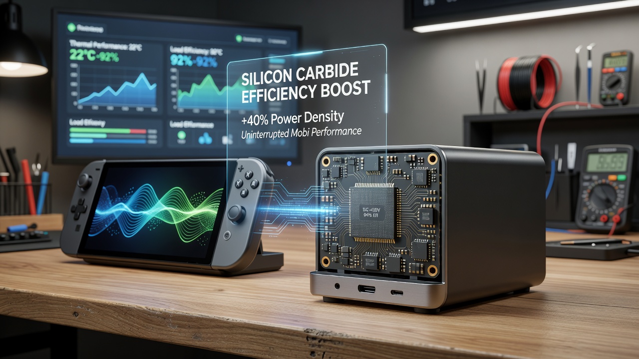 Close-up view of silicon carbide MOSFETs used in efficient portable gaming chargers