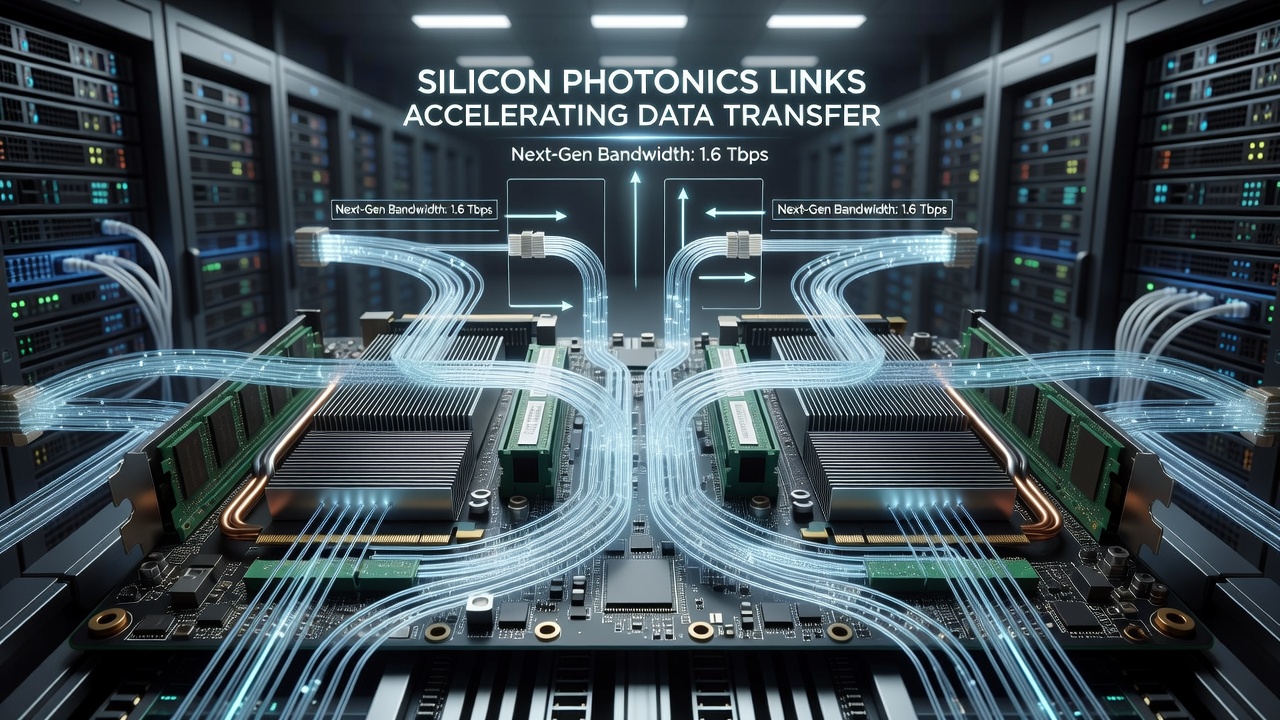 Close-up of silicon photonic interconnect between GPU and memory modules in a prototype PC motherboard