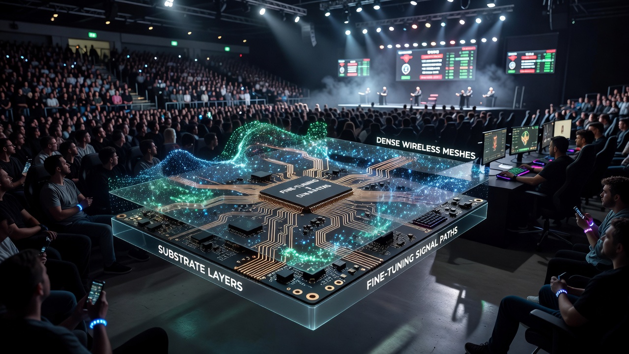 Technicians configuring substrate-based wireless mesh nodes during an esports event setup