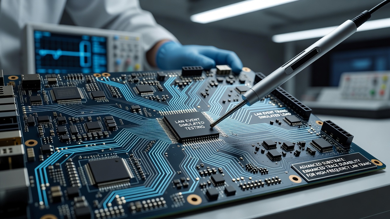 Technician inspecting motherboard traces on a substrate engineered for repeated transport durability