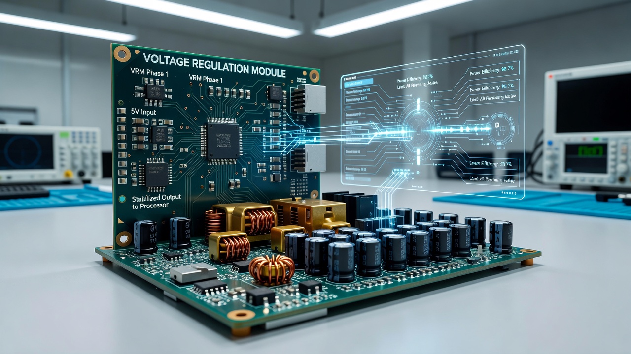 Close-up of voltage regulation circuitry supporting mobile processors in augmented reality gaming hardware