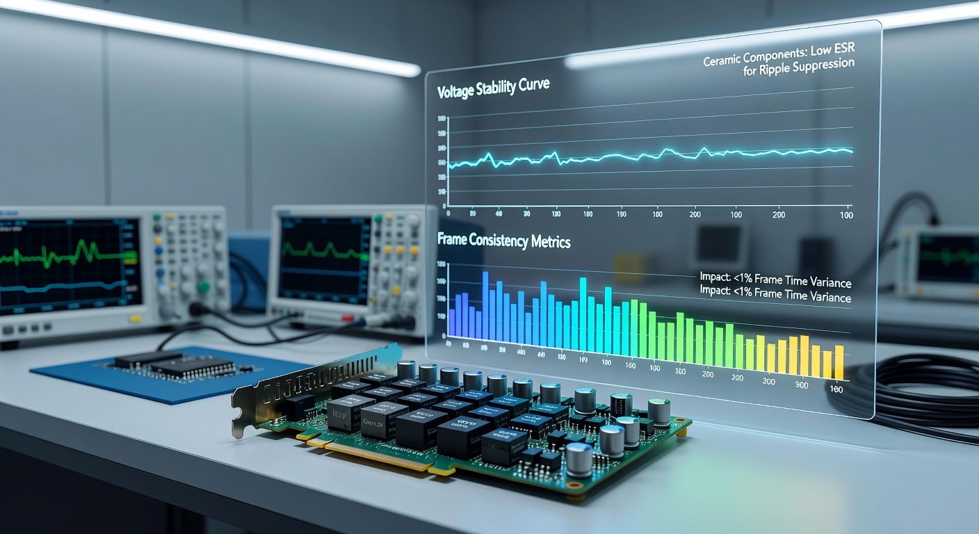 Oscilloscope capture comparing voltage waveforms on GPU power rails with and without optimized ceramic capacitor arrays during gaming load